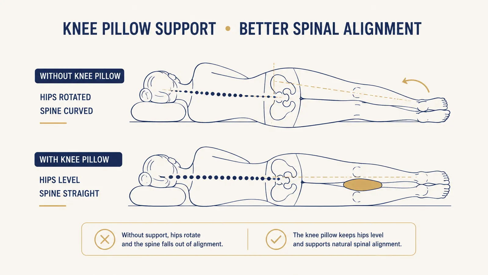 Diagram showing hip and spine alignment with and without a knee pillow while side sleeping