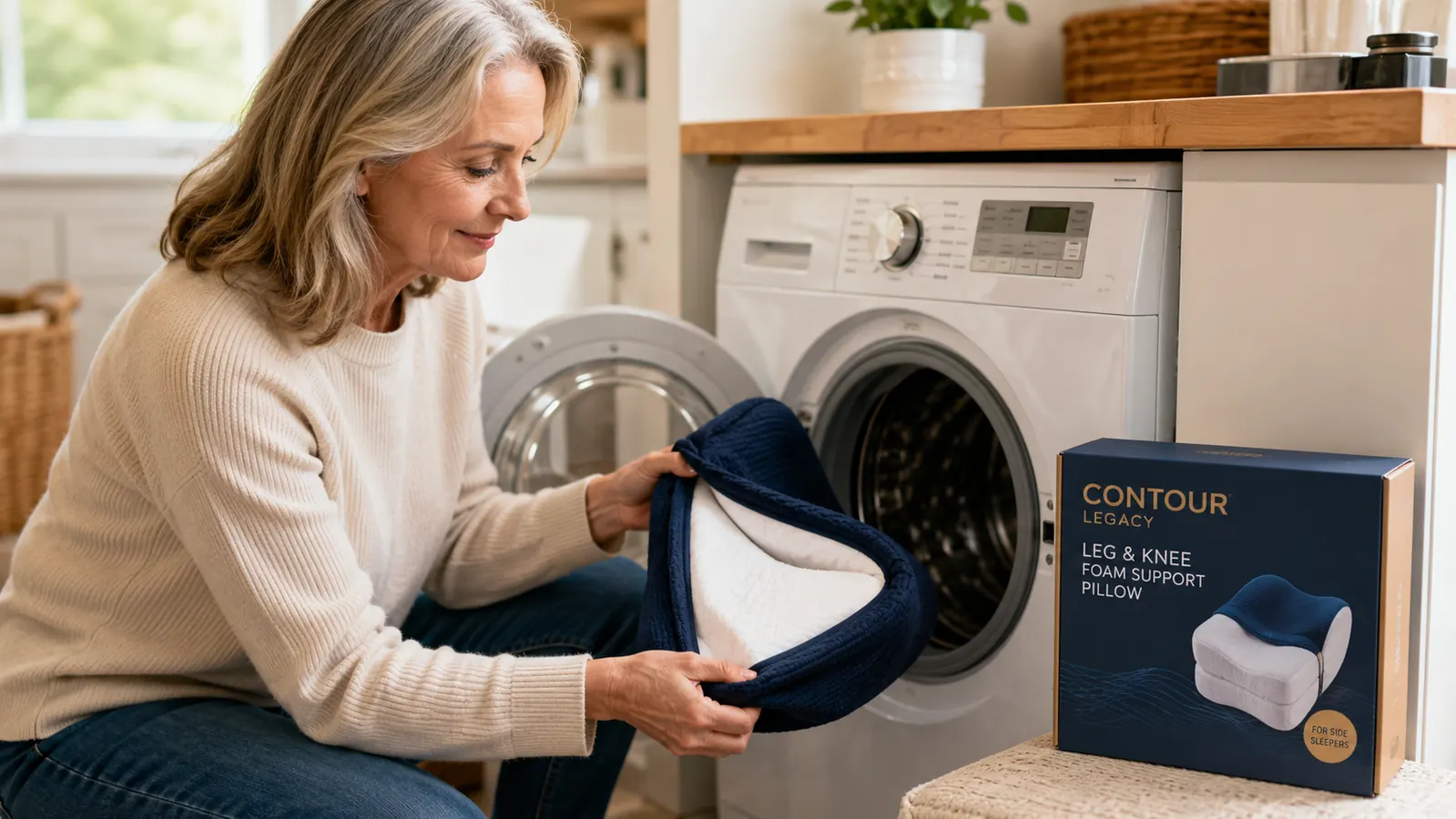 Knee pillow cover removed and laid flat next to washing machine, showing the removable zipper design