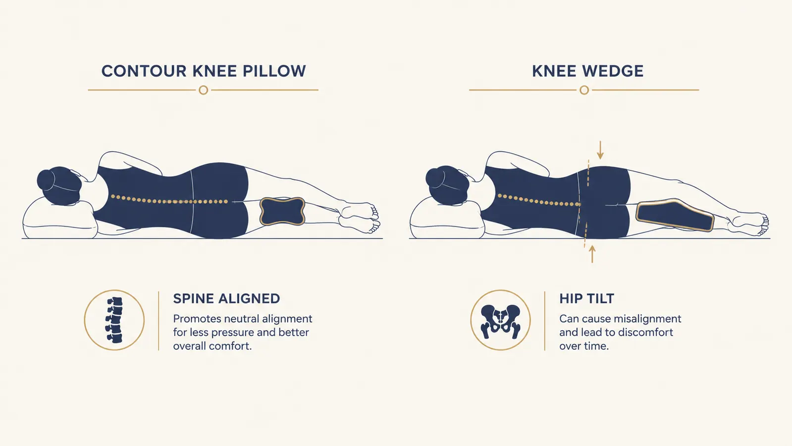Comparison diagram showing knee pillow spine alignment versus wedge pillow spine alignment for side sleepers