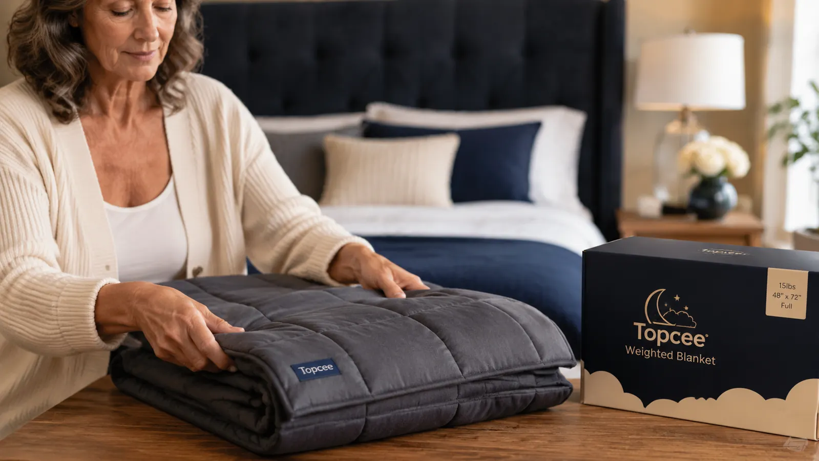 Close-up of hands folding a dark gray weighted blanket to show the quilted glass-bead fill pattern