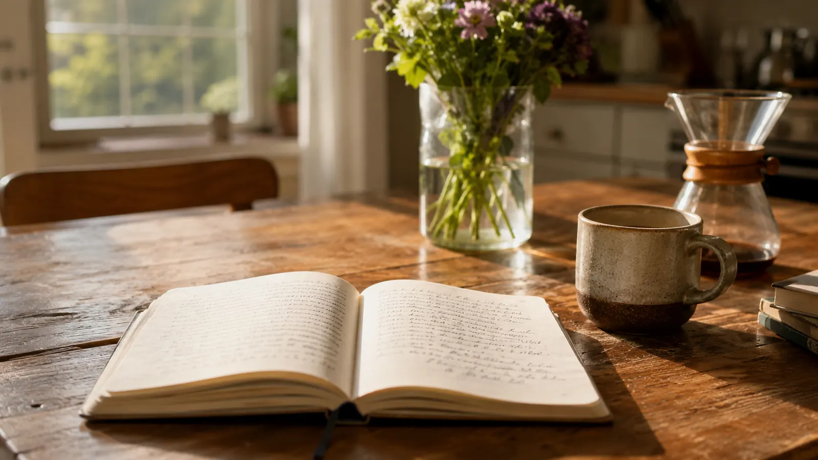 Handwritten sleep journal on a kitchen table with a pen, coffee mug, and morning sunlight coming through a window