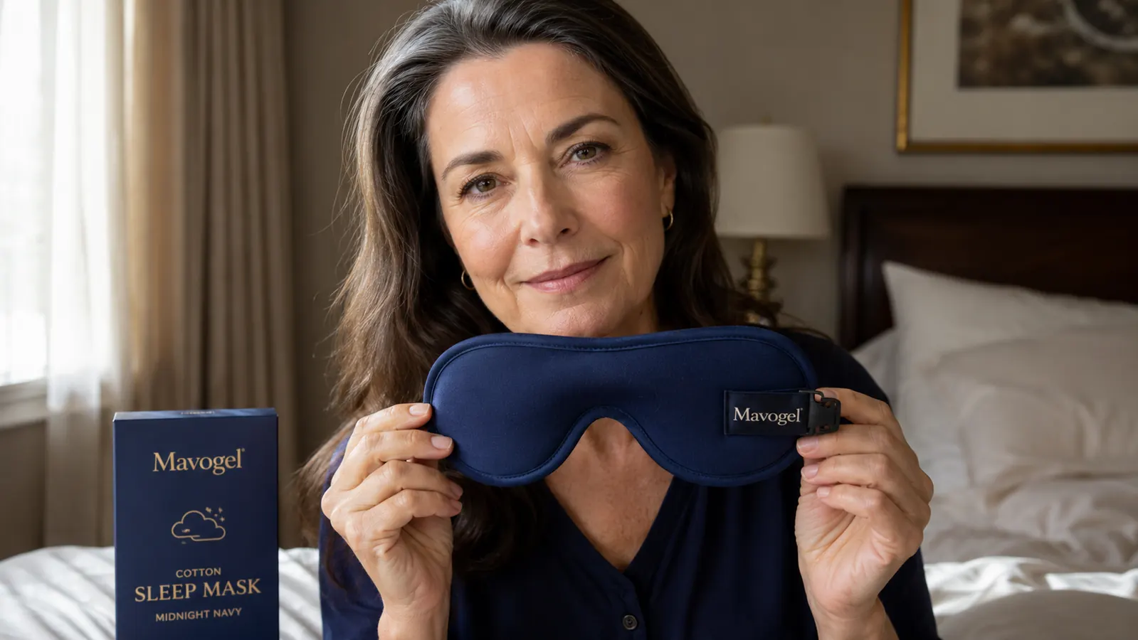 Close-up of the Mavogel Cotton Sleep Mask held in a woman's hand showing the contoured nose piece and adjustable strap
