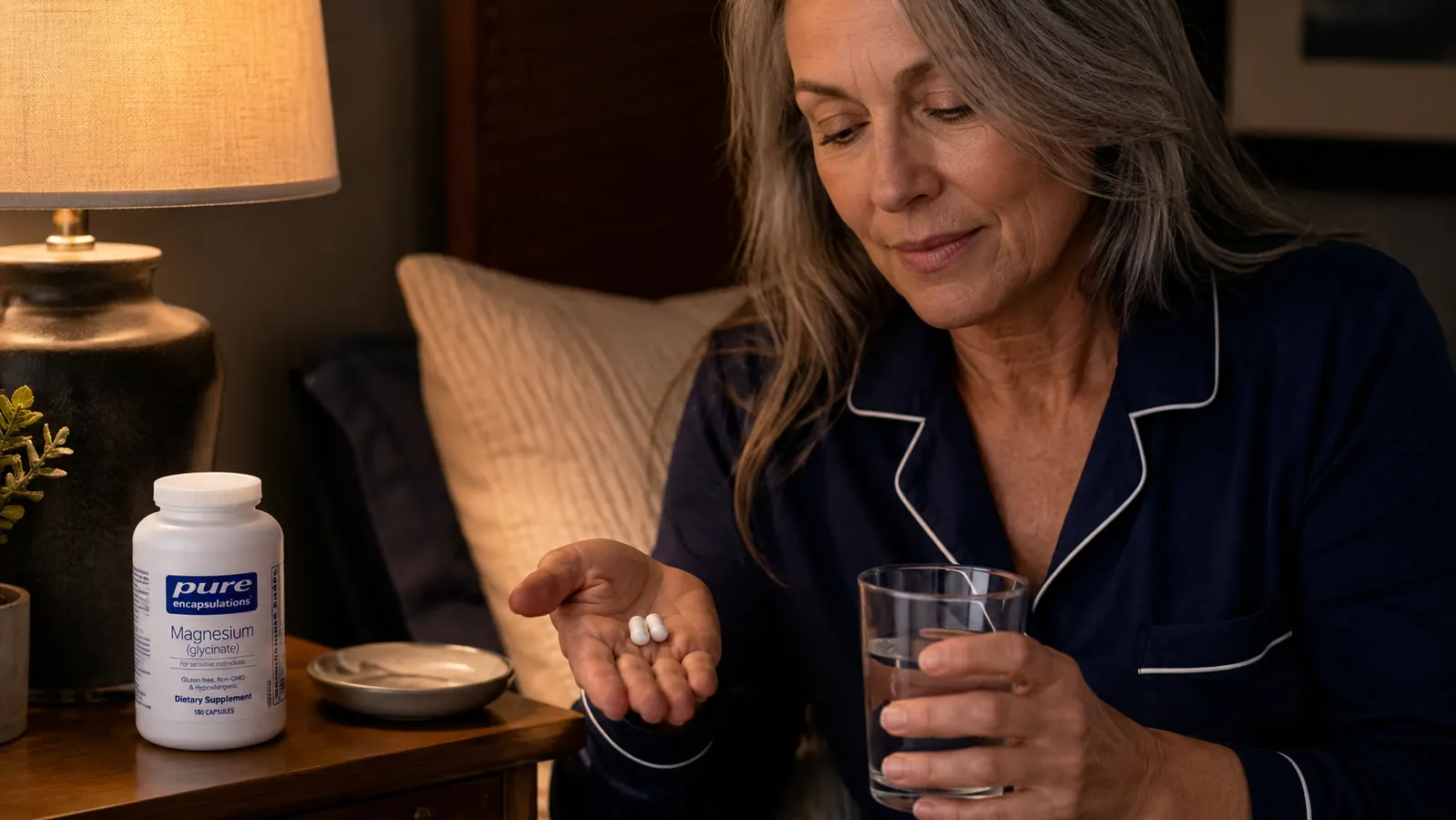 Woman placing a magnesium glycinate capsule on her palm before bed, water glass nearby on the nightstand