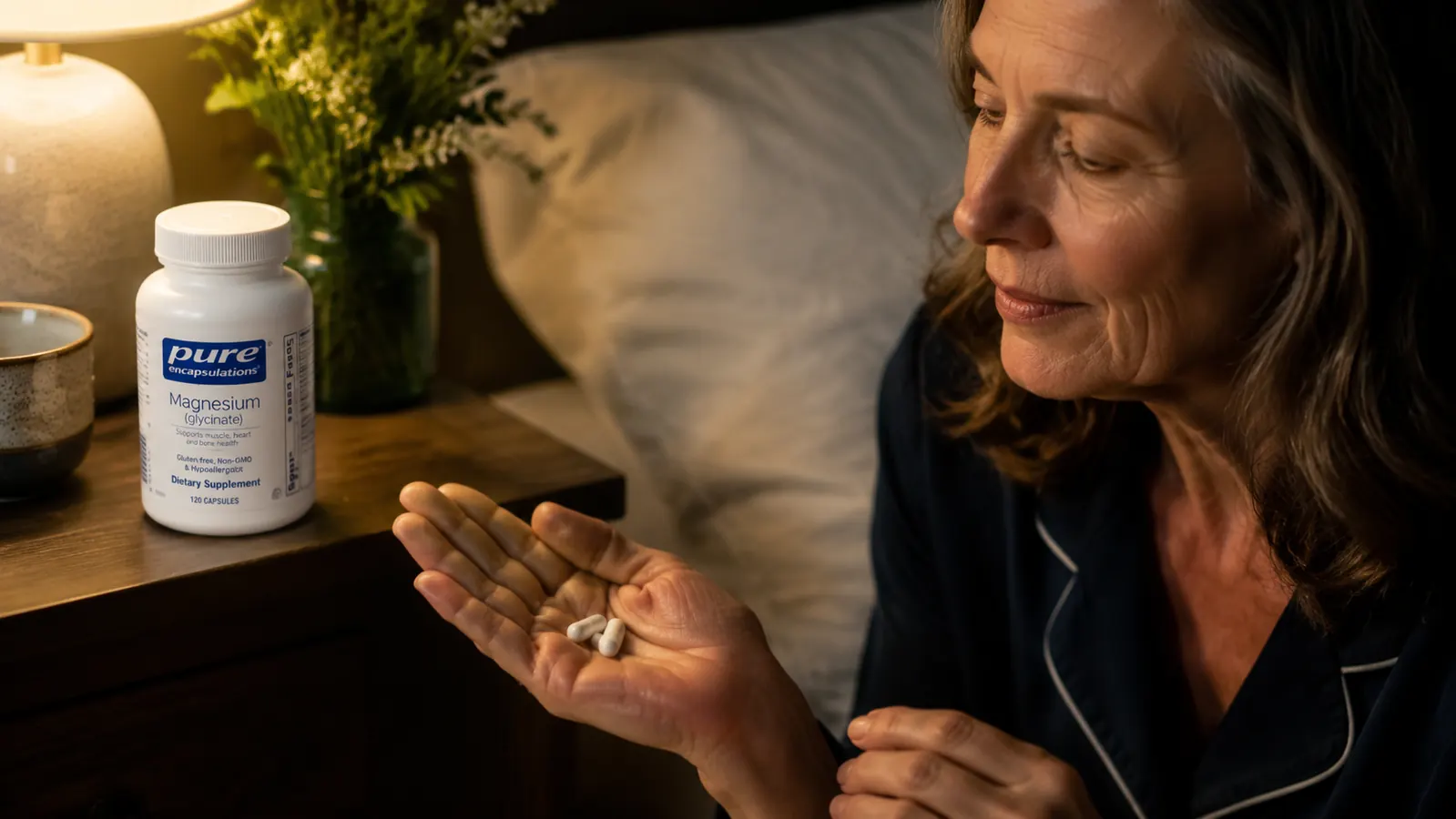 Hand holding two Pure Encapsulations magnesium glycinate capsules over an open palm, nightstand visible in background