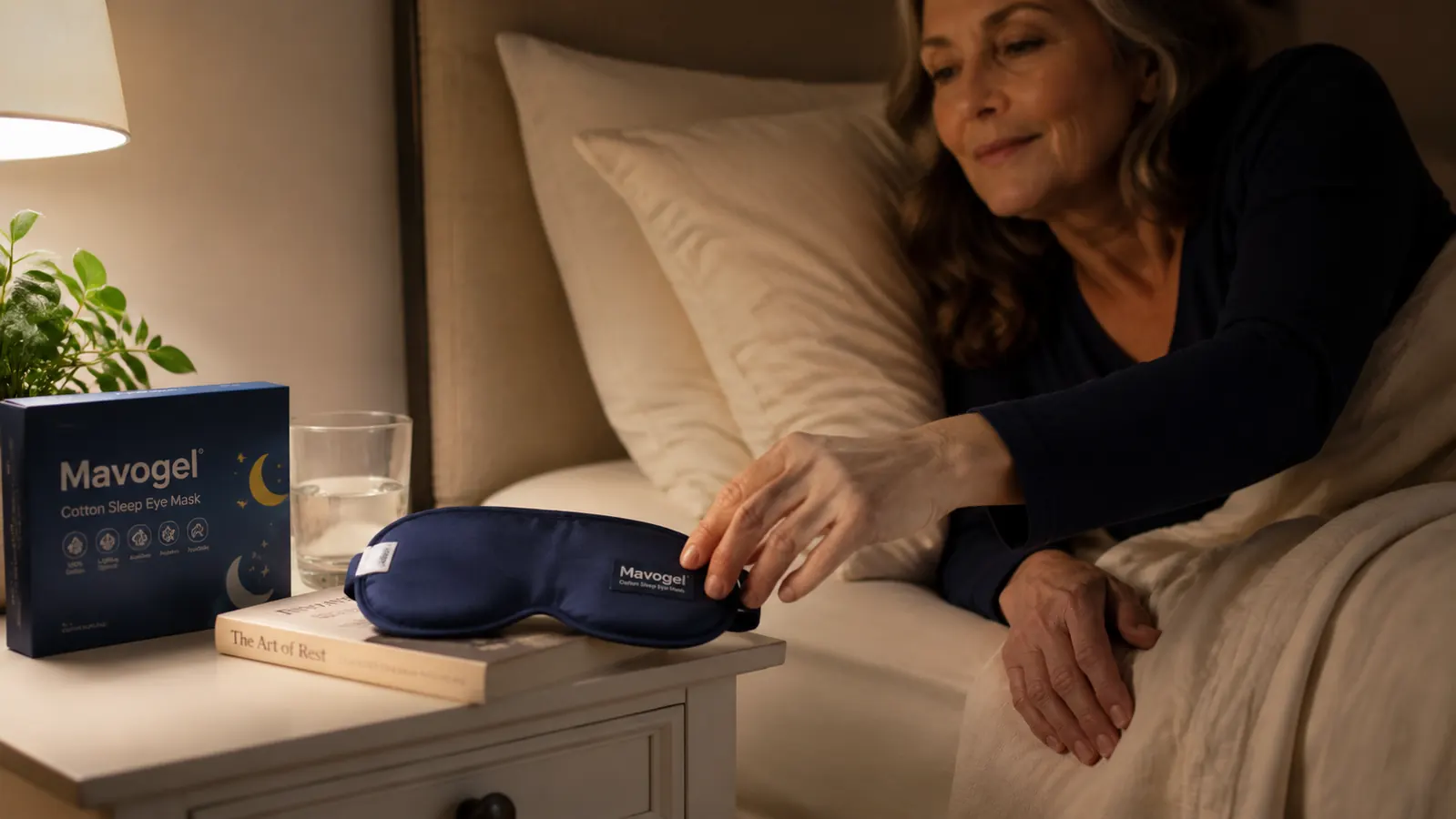 Close-up of the Mavogel cotton sleep mask laid flat on a white bedside table next to a glass of water and a book
