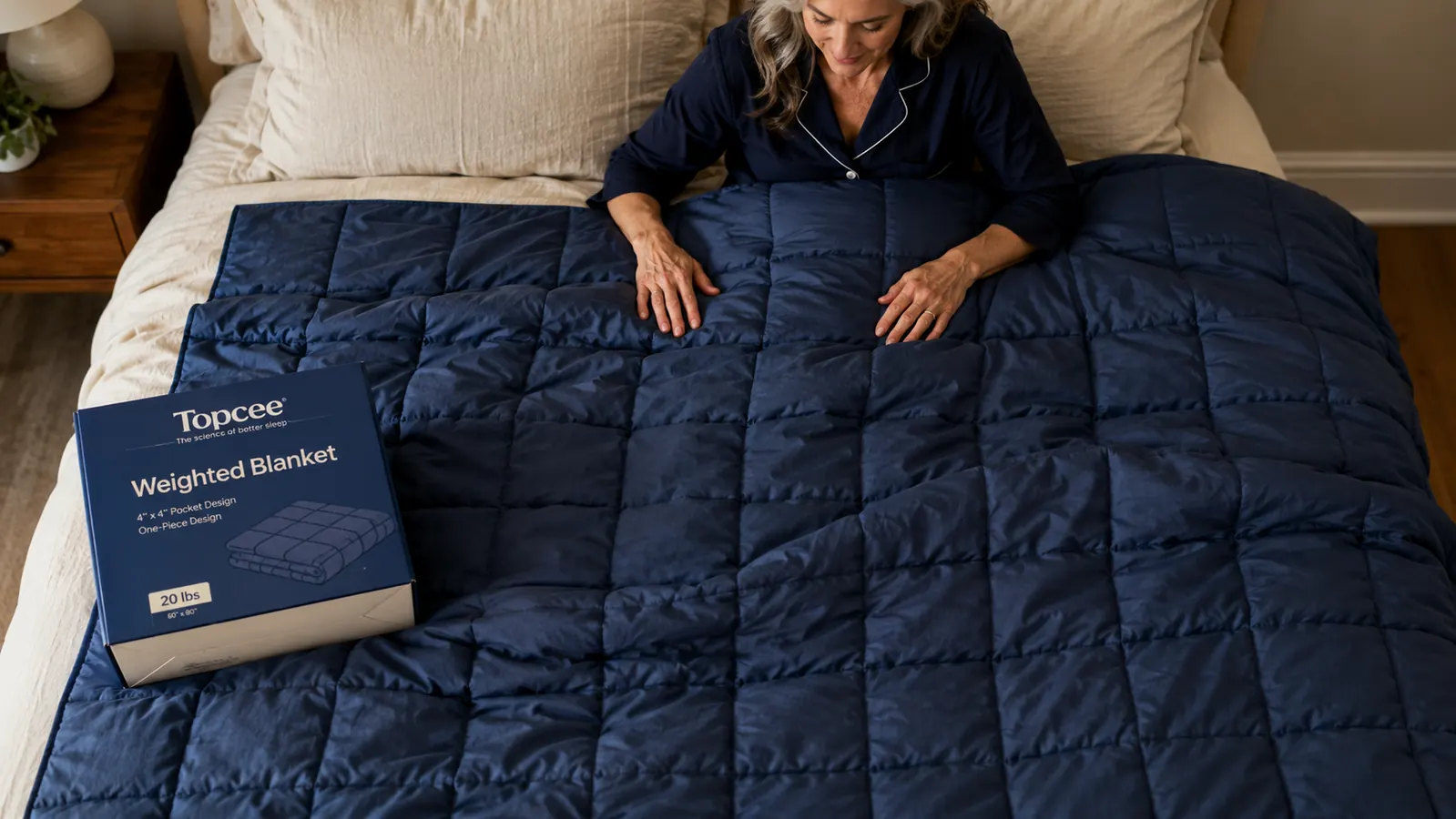 The Topcee weighted blanket laid flat on a bed showing the even square grid pattern of bead pockets across the full surface