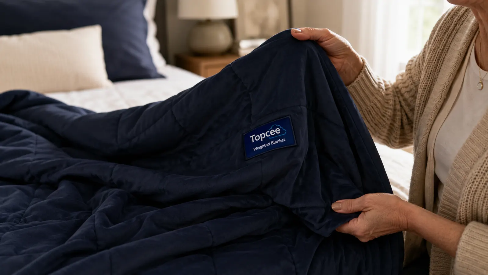 Person holding the corner of a weighted blanket, showing the weight and drape of the fabric