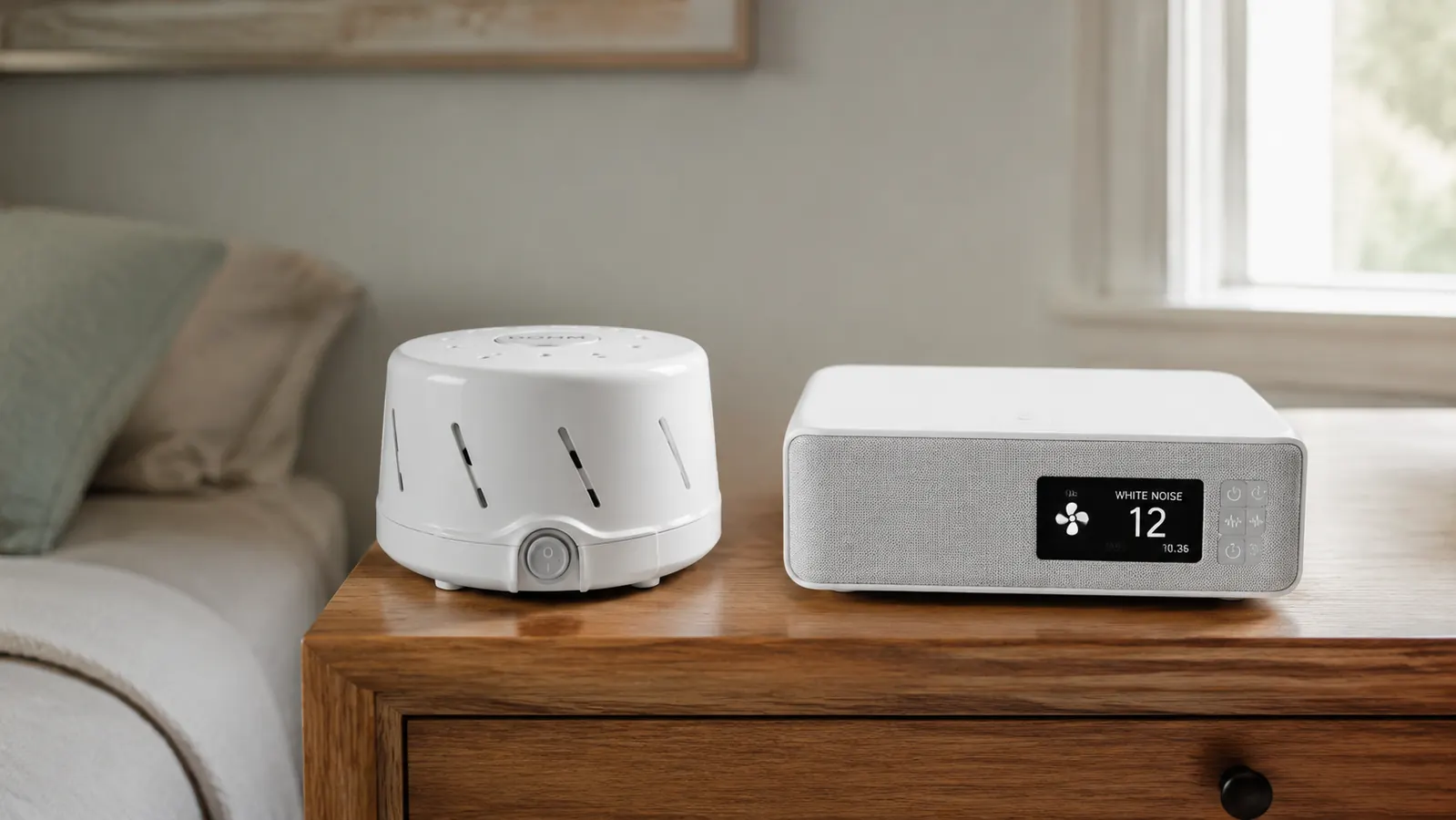 Yogasleep Dohm Classic placed next to a newer digital white noise machine on a bedroom dresser, showing the size difference
